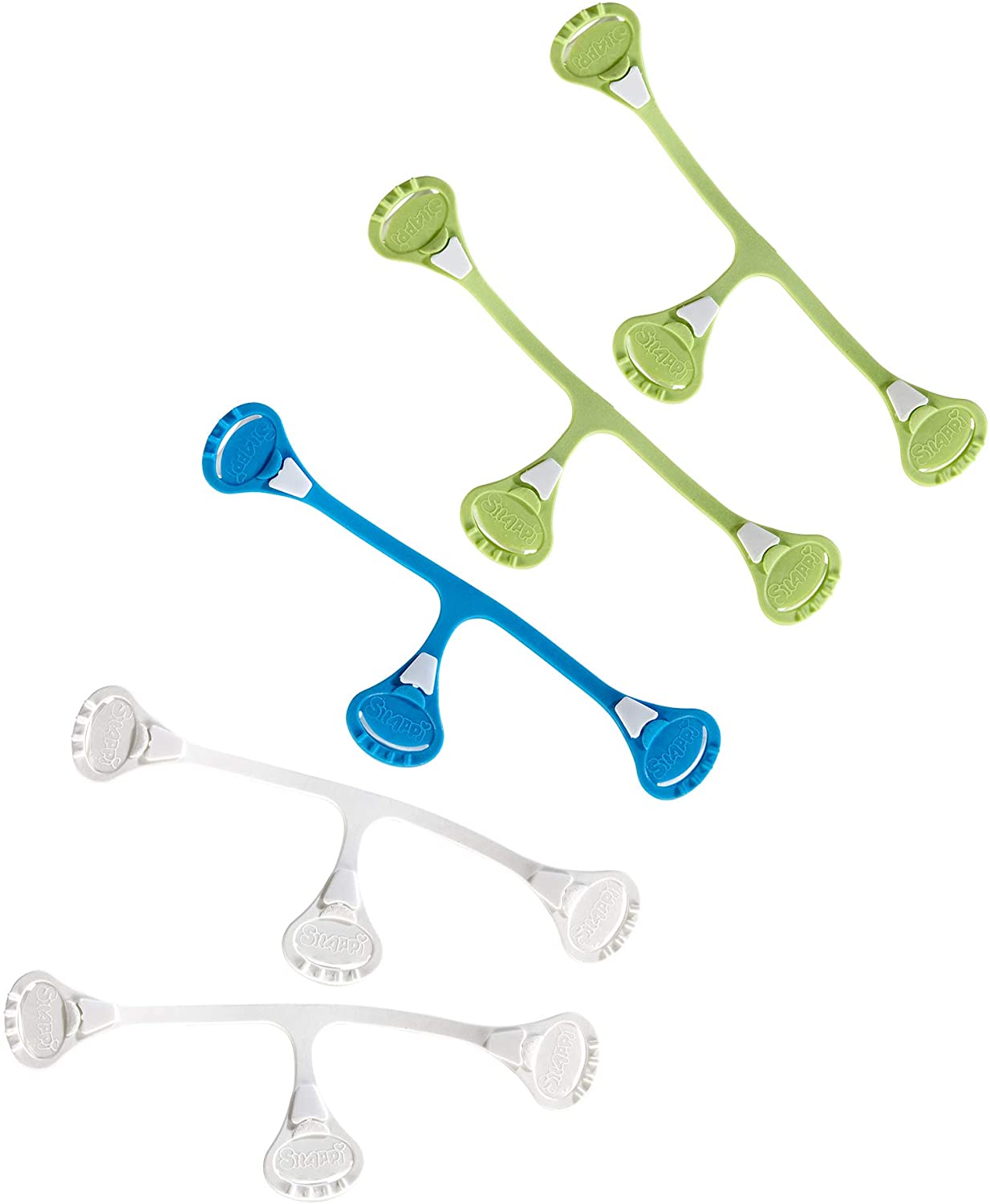 An image of the snappi. Blue, white and green.