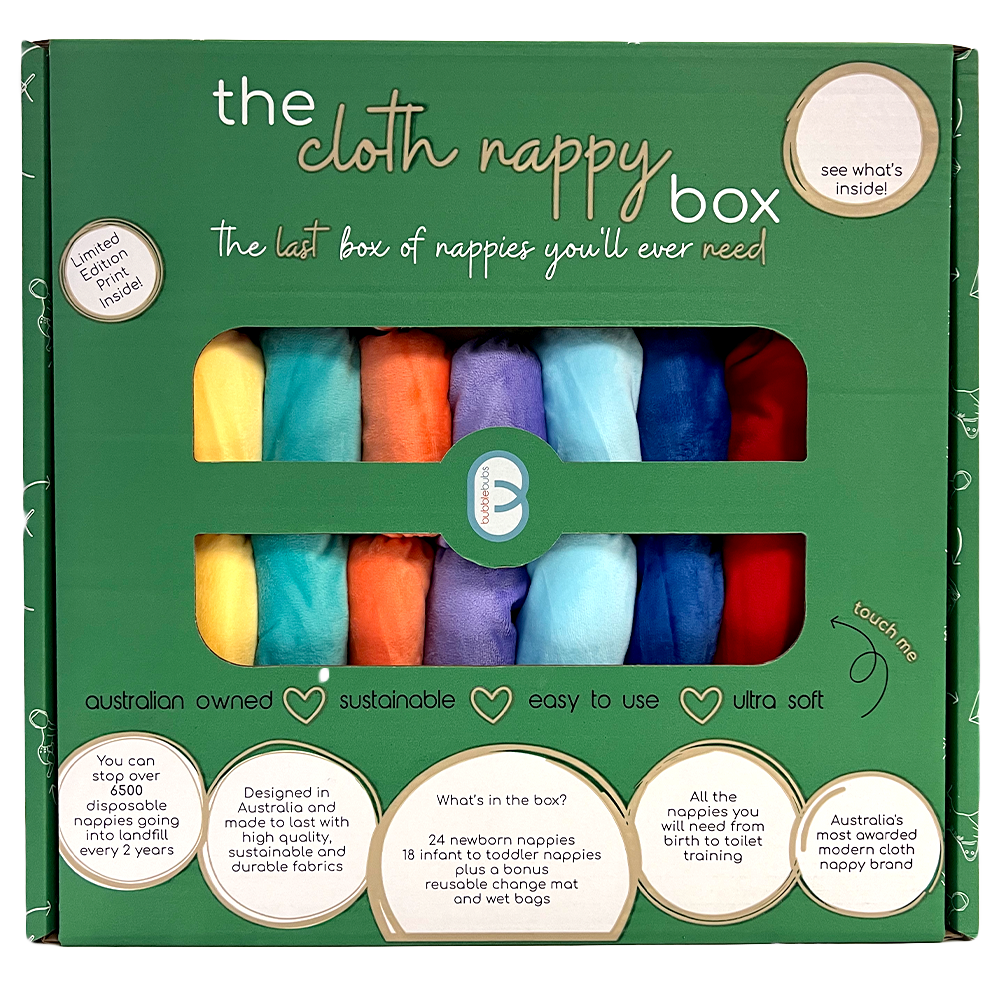 The Cloth Nappy Box from the front showing all the Bubblebubs Candie and Bambam cloth nappies are inside.